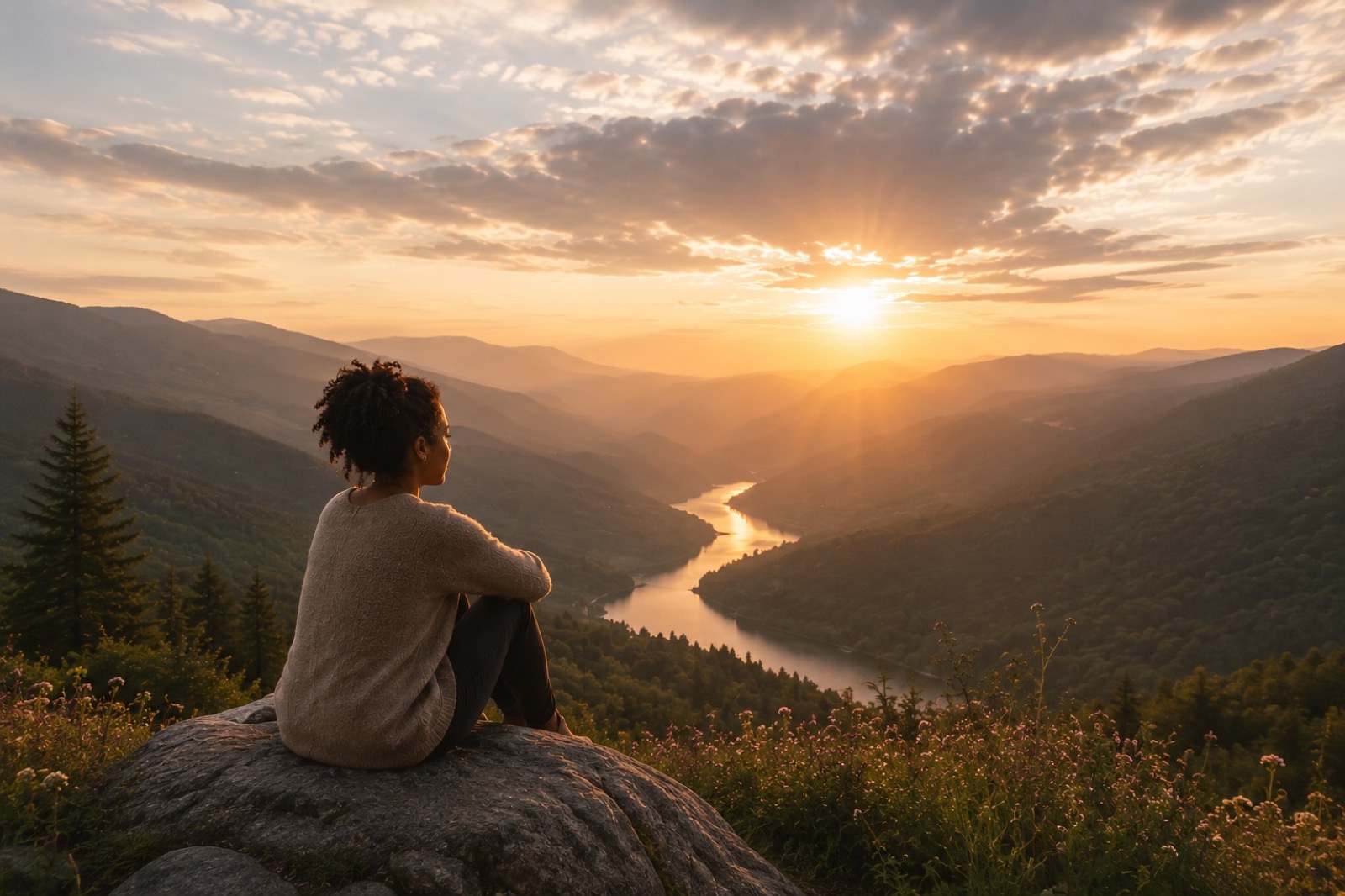 Overlooking a golden mountain valley at sunset